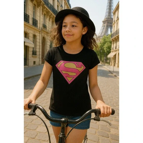 Kids Girls Black Superman Logo Pink Gold Graphic T Shirt Top Size 10 12 - Picture 10 of 10
